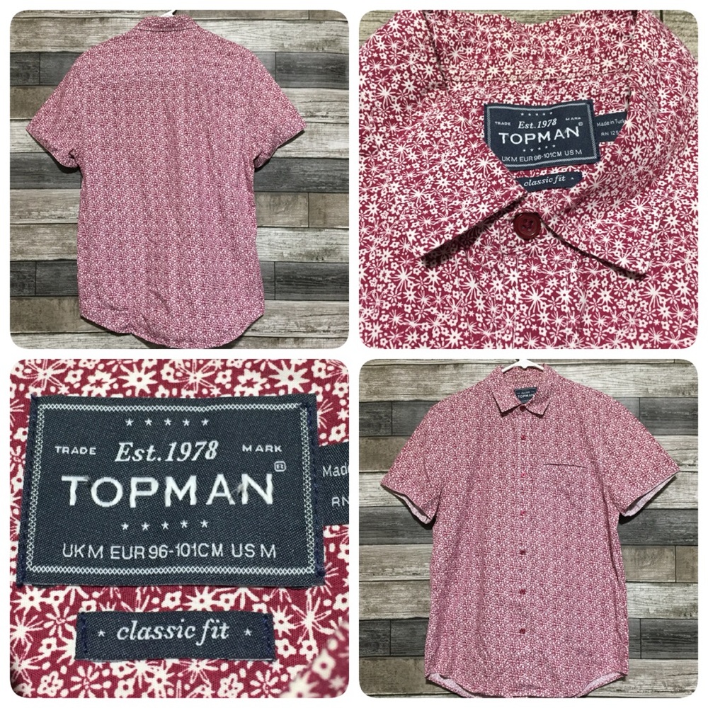 Topman Classic Fit Floral Button Up Shirt Men’s M Red White Short Sleeve.